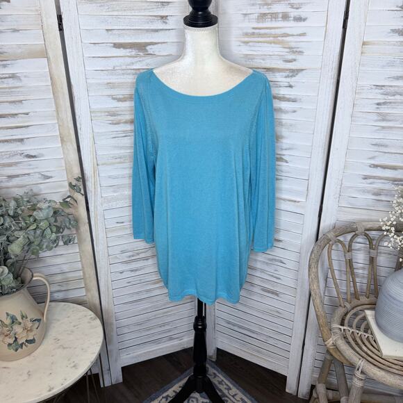 TALBOTS NWT Women's Large Oversized Lightweight Eyelet Knit Linen Sweater Blue - Picture 12 of 13